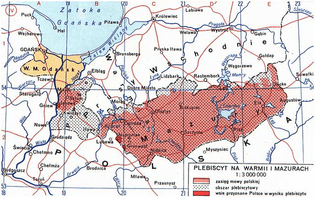 Mapa Prus Wschodnich, przedstawiająca m.in. obszar plebiscytowy w 1920 roku