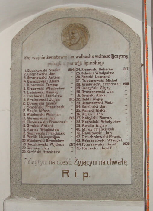 Tablica z nazwiskami poległych na frontach I wojny światowej oraz w 1920 roku, znajdująca się w kościele w Lipinkach