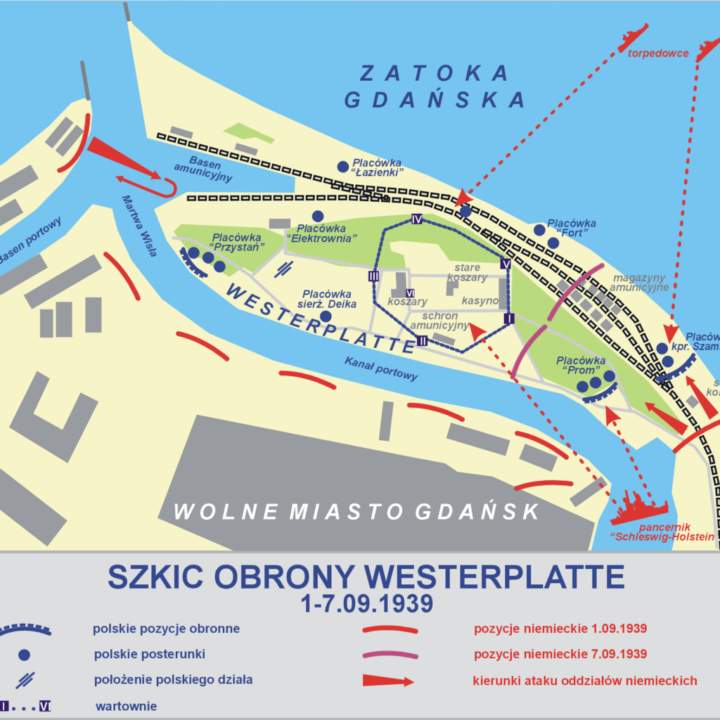 Plan obrony Wojskowej Składnicy Tranzytowej na Westerplatte we wrześniu 1939 r., z oznaczonymi miejscami, w których walczył kpr. E. Szamlewski (źródło: wikipedia.org)