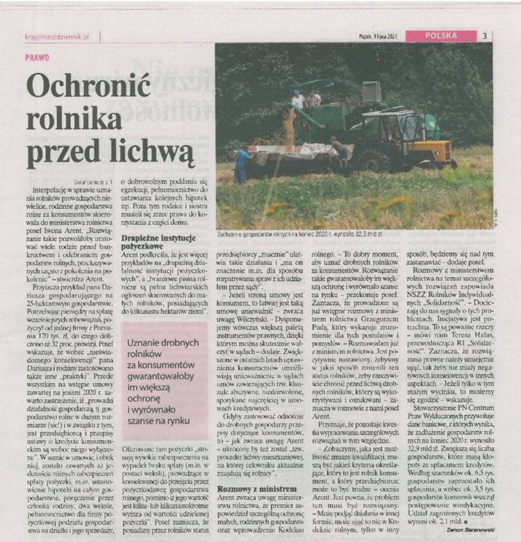 Artykuł - Ochronić rolnika przed lichwą "Nasz Dziennik"