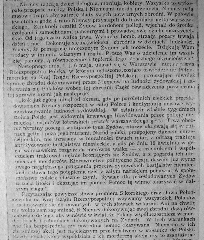 Ulotka wydana w Warszawie z apelem gen. Władysława Sikorskiego o pomoc ludności żydowskiej